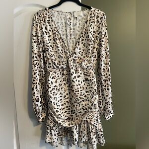 GREYLIN Leopard Print Ruched Mini Dress Long Sleeve Size Small